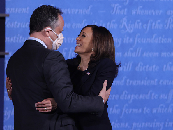 SALT LAKE CITY, UTAH - OCTOBER 07: Democratic vice presidential nominee Sen. Kamala Harris (D-CA) hugs husband Douglas Emhoff after in the vice presidential debate against U.S. Vice President Mike Pence at the University of Utah on October 7, 2020 in Salt Lake City, Utah. The vice presidential candidates only meet once to debate before the general election on November 3. (Photo by Alex Wong/Getty Images)