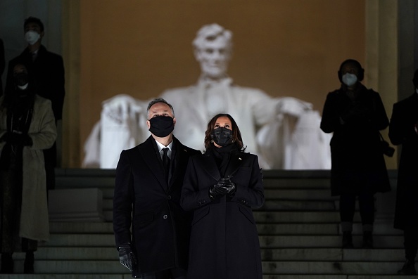 US Vice-President Kamala Harris and her husband US Second Gentleman Doug Emhoff attend the "Celebrating America" event at the Lincoln Memorial after the inauguration of Joe Biden as the 46th President of the United States in Washington, DC, January 20, 2021. (Photo by JOSHUA ROBERTS / POOL / AFP) (Photo by JOSHUA ROBERTS/POOL/AFP via Getty Images)