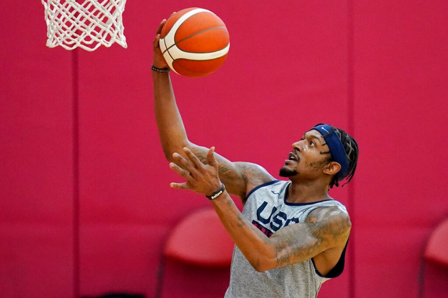 Bradley Beal shoots during practice for USA Basketball, Tuesday, July 6, 2021, in Las Vegas. (AP Photo/John Locher)