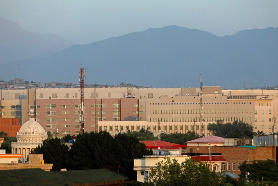 The U.S. Embassy dominates the skyline in Kabul, Afghanistan, Saturday, July 3, 2021. As America’s “forever war” rapidly winds down, the U.S. Embassy and other diplomatic missions in Kabul are looking at a worsening security situation and how to respond. (AP Photo/Rahmat Gul)