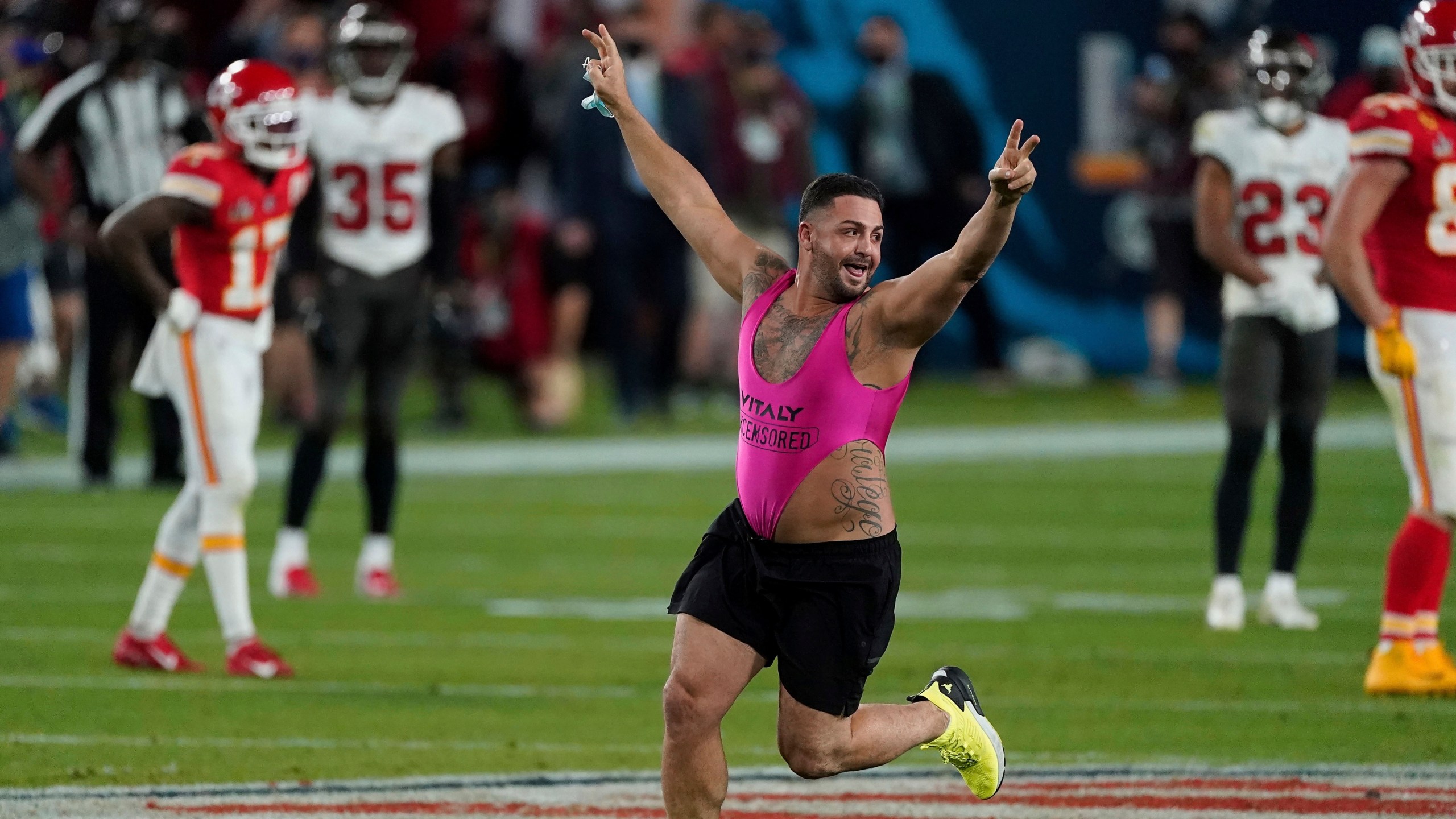 Yuri Andrade streaks across the field as the Tampa Bay Buccaneers take on the Kansas City Chiefs in the NFL Super Bowl 55 football game, Sunday, Feb. 7, 2021 in Tampa, Fla. The Buccaneers defeated the Chiefs 31-9. (AP Photo/Doug Benc)