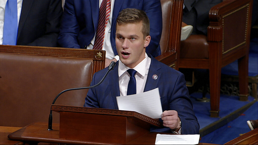 In this image taken from video, Rep. Madison Cawthorn, R-N.C., speaks at the U.S. Capitol, Jan. 7, 2021. A group of North Carolina voters told state officials on Monday, Jan.10, 2022 they want Cawthorn disqualified as a congressional candidate, citing his involvement in last January’s rally in Washington questioning the presidential election outcome before a Capitol riot later that day.