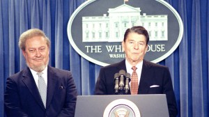 President Ronald Reagan speaks to reporters in the White House Briefing Room, July 1, 1987, where he announced the nomination of Appeals Court Judge Robert H. Bork, left, for the Supreme Court position that will be vacated by Justice Lewis Powell. (AP Photo/Charles Tasnadi)