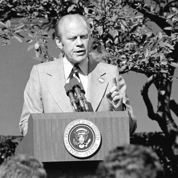 President Ford holds a White House Rose Garden news conference in 1974.