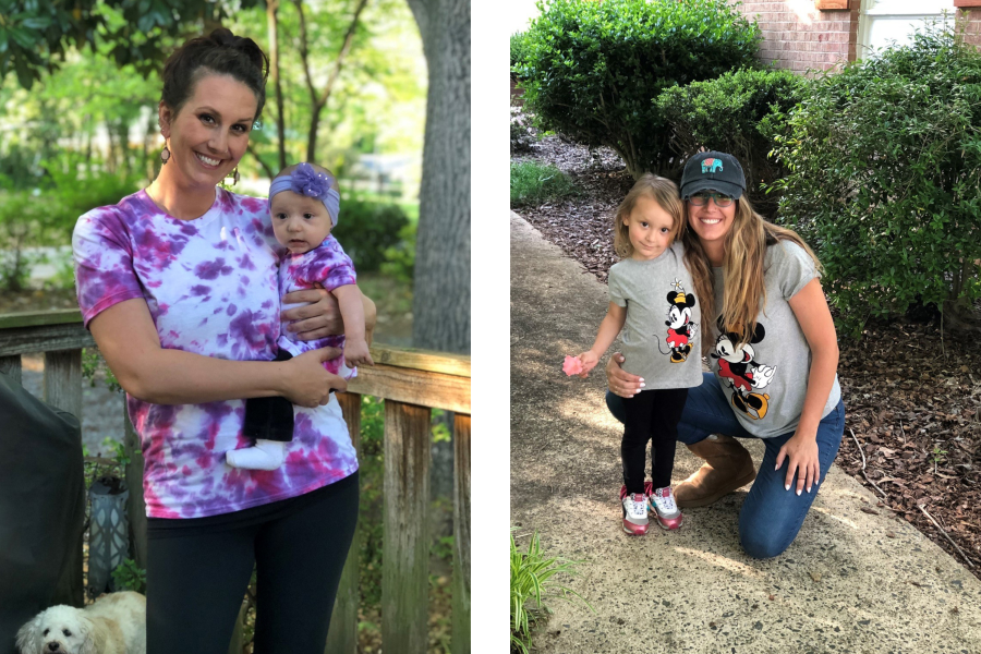 Two side by side photos of mom holding a baby and a mom next to a toddler