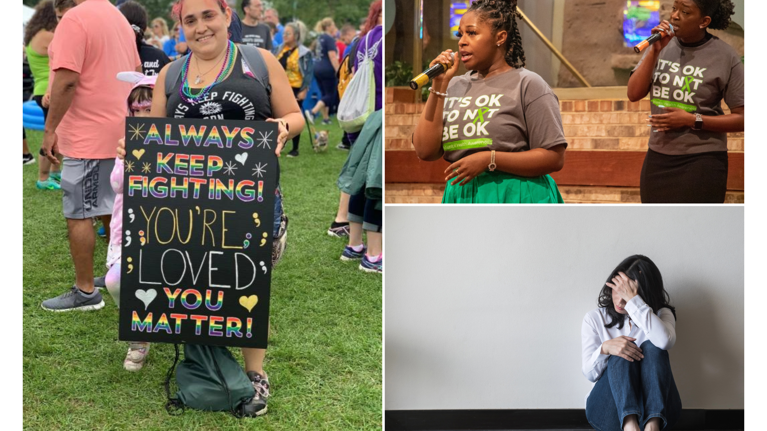 A collage of a woman holding a sign during a walk to end suicide, two women holding a microphone, a child covering their face