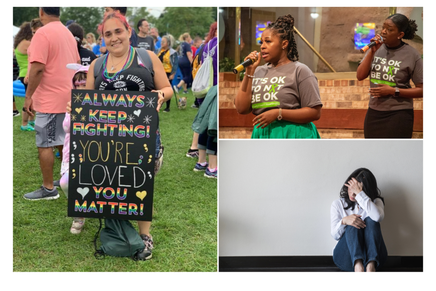 A collage of a woman holding a sign during a walk to end suicide, two women holding a microphone, a child covering their face