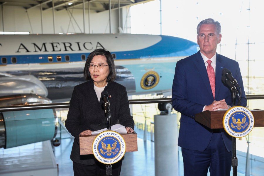 House Speaker Kevin McCarthy, R-Calif., right, and Taiwanese President Tsai Ing-wen deliver statements to the press after a Bipartisan Leadership Meeting at the Ronald Reagan Presidential Library in Simi Valley, Calif., Wednesday, April 5, 2023. (AP Photo/Ringo H.W. Chiu)