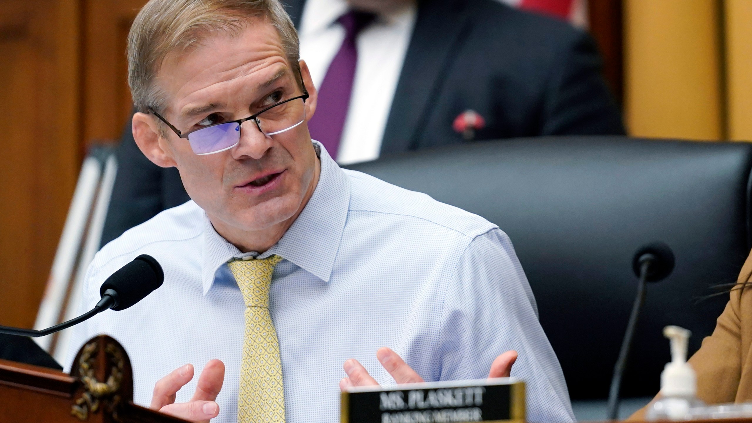 FILE - Chairman Jim Jordan, R-Ohio, left, speaks during a House Judiciary subcommittee hearing on Capitol Hill, Feb. 9, 2023, in Washington. House Republicans on Thursday, April 6, subpoenaed one of the former Manhattan prosecutors who had been leading a criminal investigation into Donald Trump before quitting last year in a clash over the direction of the probe. Jordan ordered Mark Pomerantz to testify before the committee by April 30. (AP Photo/Carolyn Kaster, File)