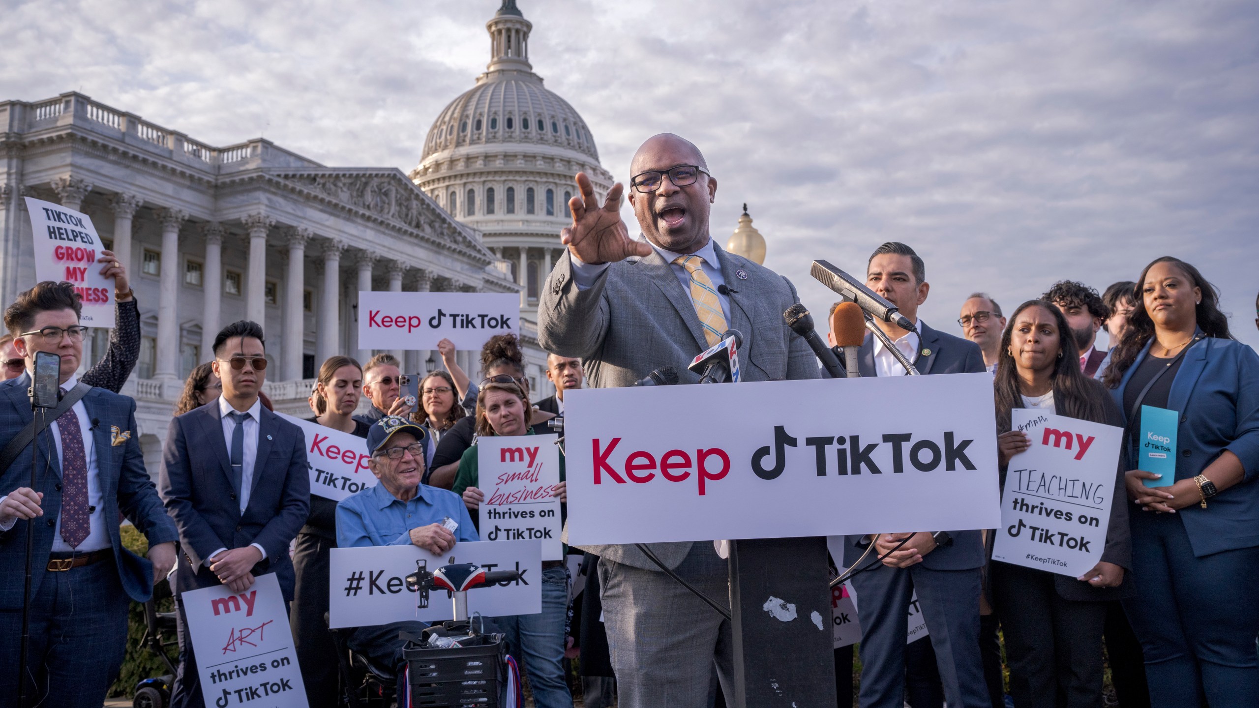 FILE - Rep. Jamaal Bowman, D-N.Y., joined by the popular app's supporters, leads a rally to defend TikTok at the Capitol in Washington, Wednesday, March 22, 2023. Bowman, D-N.Y., who has more than 180,000 followers on the app, held a news conference with TikTok influencers before a House hearing with TikTok CEO Shou Zi Chewg. Bowman accused Republicans of pushing a ban on TikTok for political reasons. (AP Photo/J. Scott Applewhite, File)