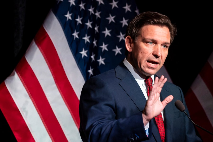 Florida Governor Ron DeSantis speaks at a Midland County Republican Party breakfast in Midland, Mich., on Thursday, April 6, 2023. DeSantis visited the central Michigan community for a county GOP event Thursday before heading to speak at Hillsdale College. (Kaytie Boomer/The Bay City Times via AP)