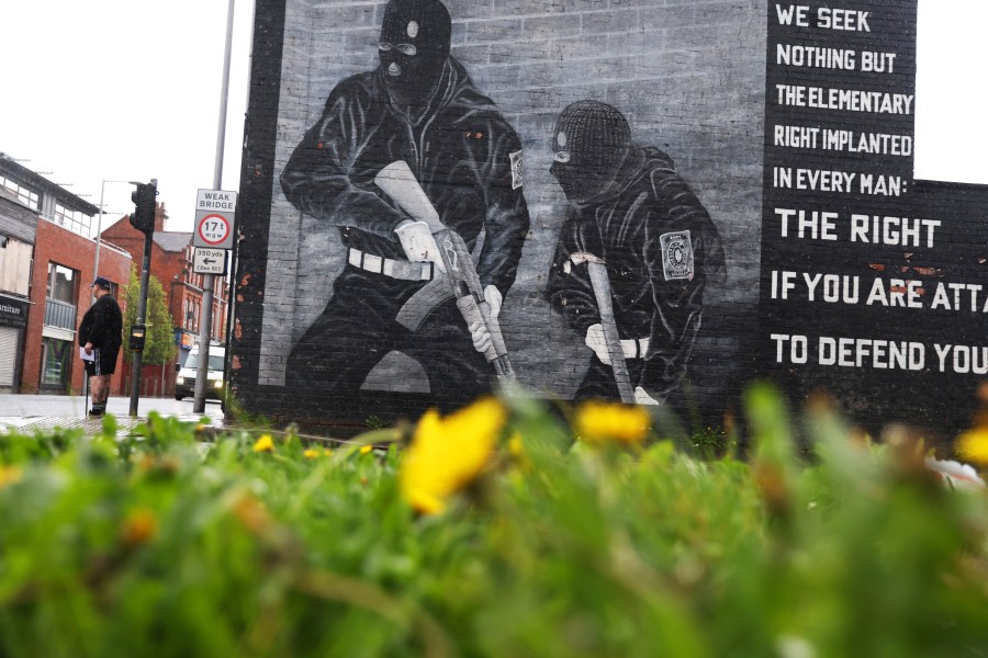 A loyalist mural is seen on a wall in east Belfast, Northern Ireland, Wednesday, April 5, 2023. It has been 25 years since the Good Friday Agreement largely ended a conflict in Northern Ireland that left 3,600 people dead. (AP Photo/Peter Morrison)