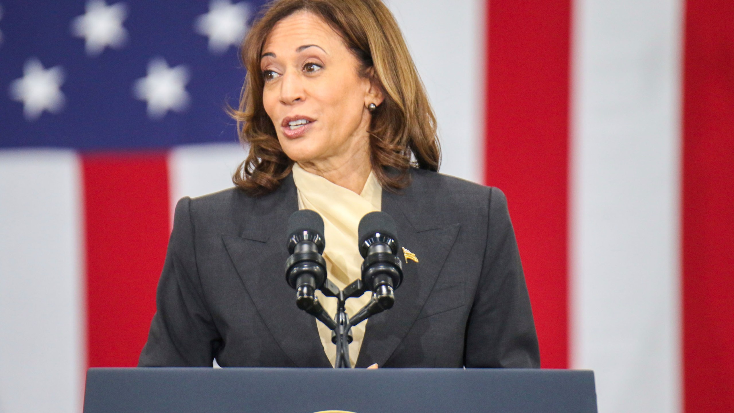 Vice President Kamala Harris speaks to the audience during her visit to the Qcells solar plant in Dalton, Ga. Thursday, April 6, 2023. (Olivia Ross/Chattanooga Times Free Press via AP)