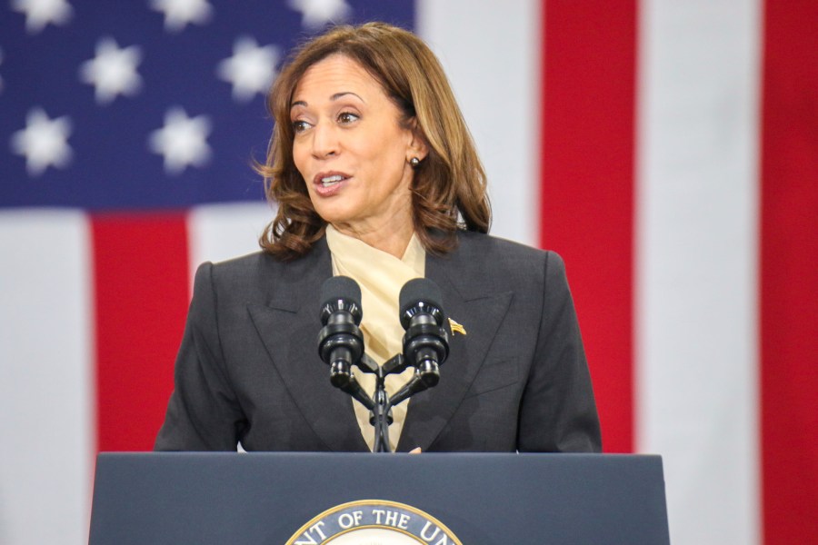 Vice President Kamala Harris speaks to the audience during her visit to the Qcells solar plant in Dalton, Ga. Thursday, April 6, 2023. (Olivia Ross/Chattanooga Times Free Press via AP)