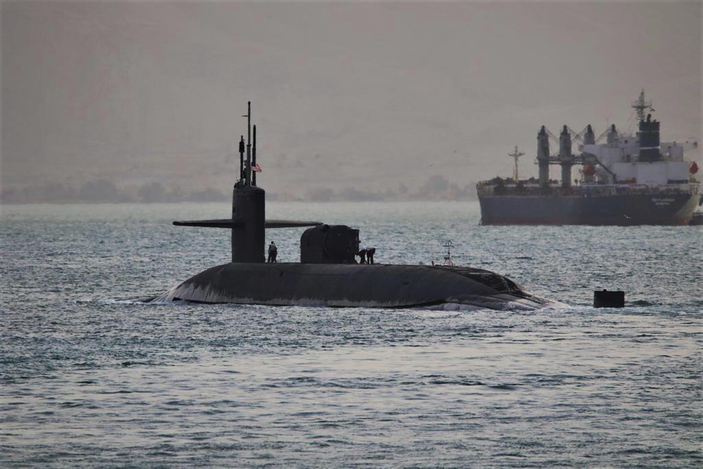 This photo released by the US Navy show a guided-missile submarine capable of carrying up to 154 Tomahawk missiles. The Navy said nuclear-powered submarine, based out of Kings Bay, Georgia, passed through the Suez Canal on Friday, April 7, 2023. (US Navy via AP)