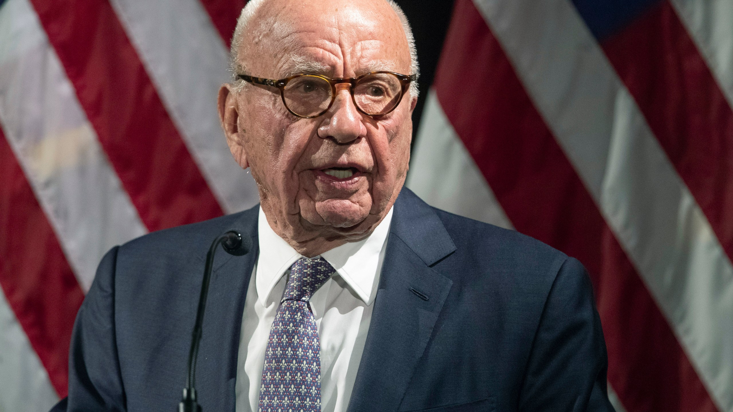 FILE - Rupert Murdoch introduces Secretary of State Mike Pompeo during the Herman Kahn Award Gala on Oct. 30, 2019, in New York. The judge presiding over a voting machine company’s defamation lawsuit against Fox denied the company’s request Wednesday, April 12, 2023, to hold separate trials — one for Fox News and another for the network’s parent company. The request by Dominion Voting Systems came a day after its attorneys told the judge that Fox attorneys had withheld critical information about the role that company founder Rupert Murdoch, who is chairman of Fox. Corp., played at Fox News. (AP Photo/Mary Altaffer, File)