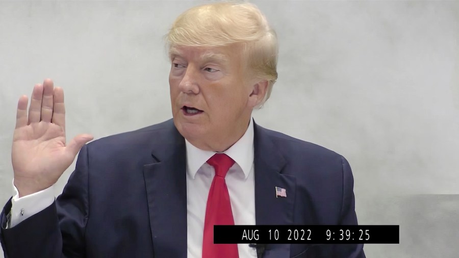 FILE - In this image from video provided by the New York State Attorney General, former President Donald Trump is sworn in for a deposition on Aug. 10, 2022, in New York. Trump is expected to visit the offices of New York Attorney General Letitia James on Thursday, April 13, 2023, for his second deposition in a legal battle over his company's business practices. (New York State Attorney General via AP, File)