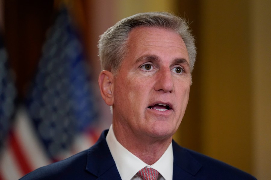 FILE - House Speaker Kevin McCarthy of Calif., talks to reporters Monday, Feb. 6, 2023, on Capitol Hill in Washington. Speaker Kevin McCarthy emerged from the messy multi-ballot to become House speaker emboldened rather than chastened by the fight. But as the embattled Republican leader rounds the first 100 days at the helm of a slim House Republican majority there are challenges ahead. (AP Photo/Jacquelyn Martin, File)