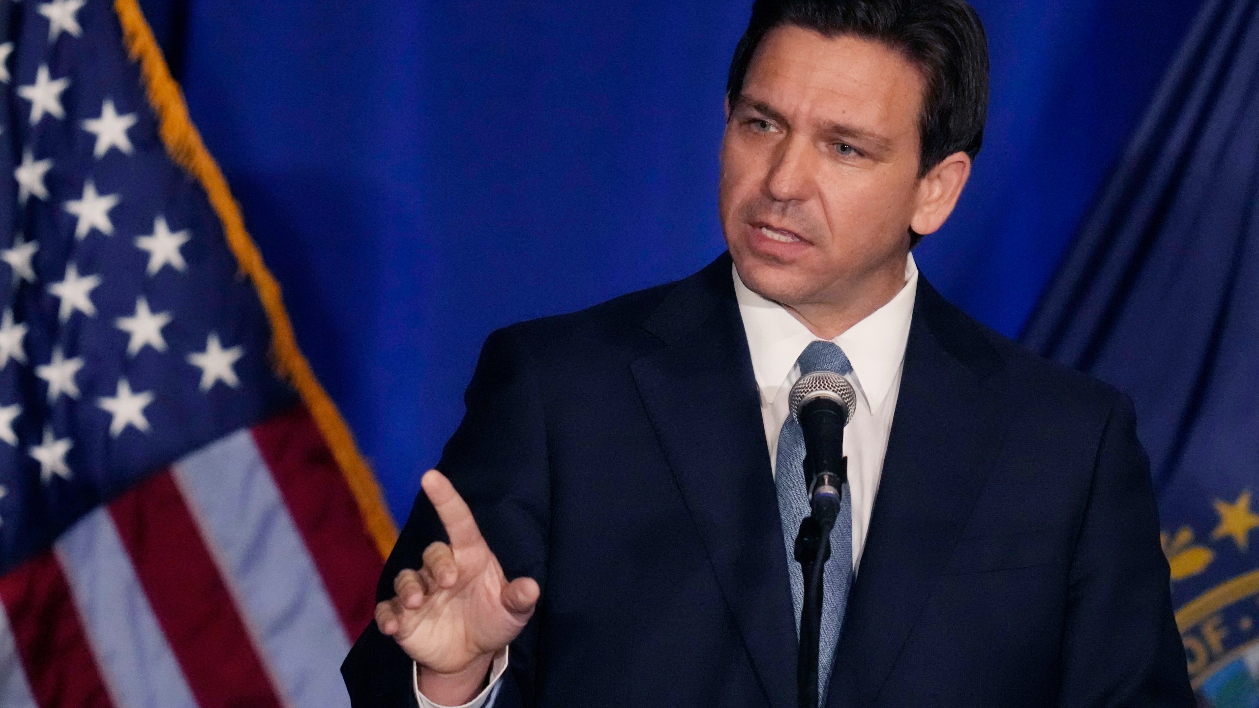 Florida Gov. Ron DeSantis speaks at a New Hampshire Republican Party dinner, Friday, April 14, 2023, in Manchester, N.H. (AP Photo/Charles Krupa)