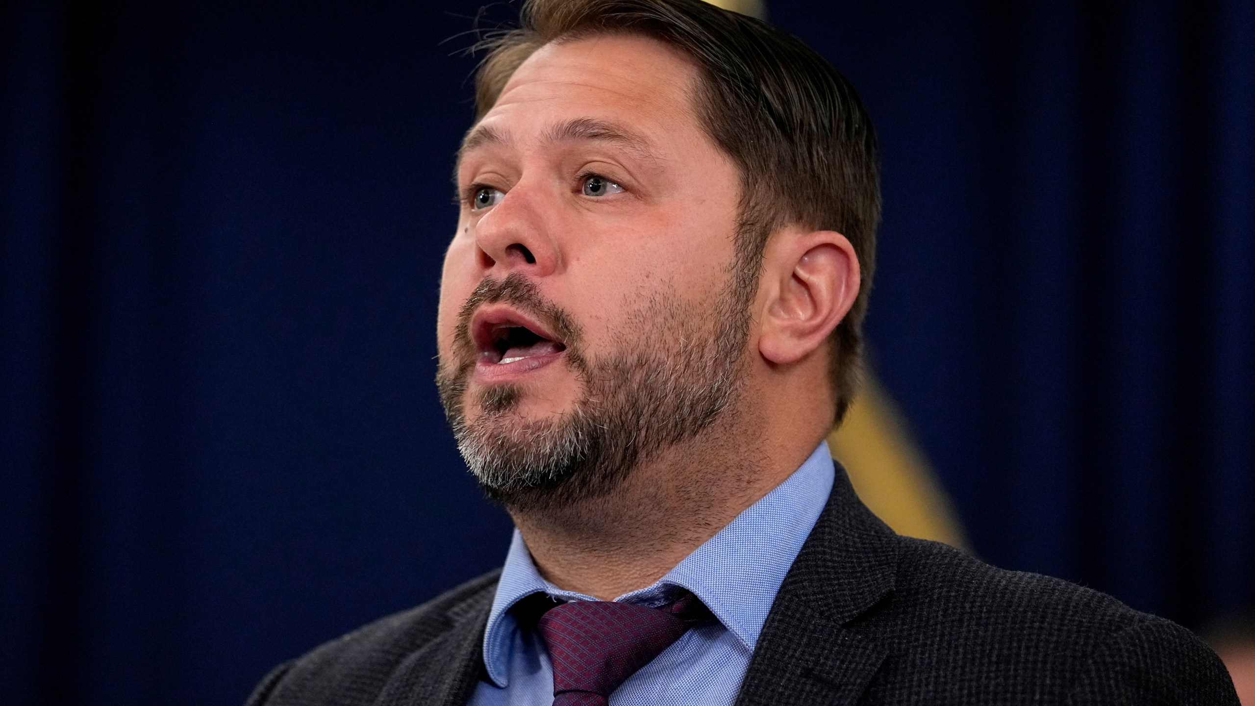 FILE - Rep. Ruben Gallego, D-Ariz., speaks at the Capitol, Thursday, April 6, 2023, in Phoenix. Gallego, a progressive 43-year-old Iraq war veteran and Spanish speaker who represents much of downtown Phoenix, is trying to unseat Sen. Kyrsten Sinema. She left the Democratic Party last year and, if she seeks reelection, would run as an independent. (AP Photo/Matt York, File)