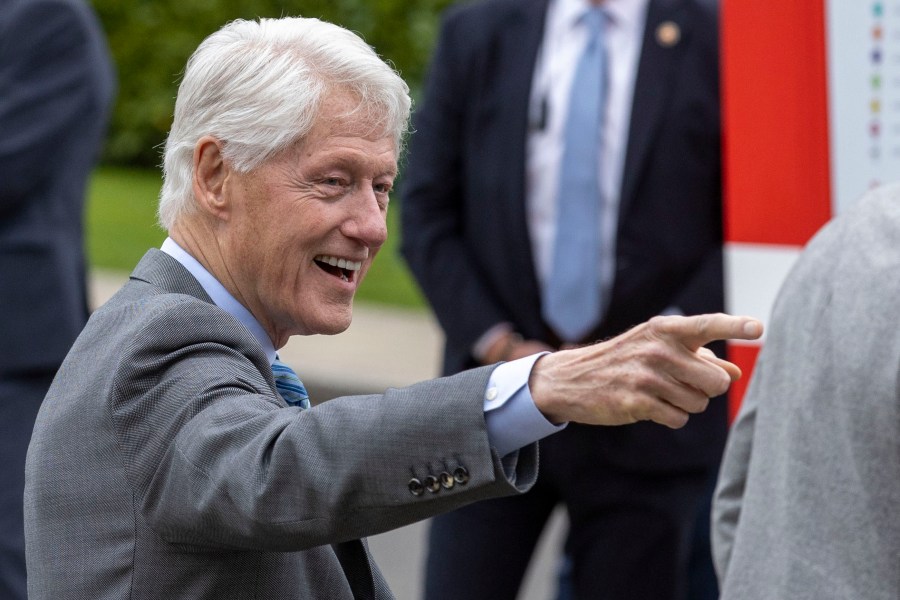 Former US President Bill Clinton smiles as he attends an event marking the 25th anniversary of the Belfast Good Friday Agreement at Queen's University Belfast, Northern Ireland, Monday, April 17, 2023. (Liam Mc Burney/PA via AP)