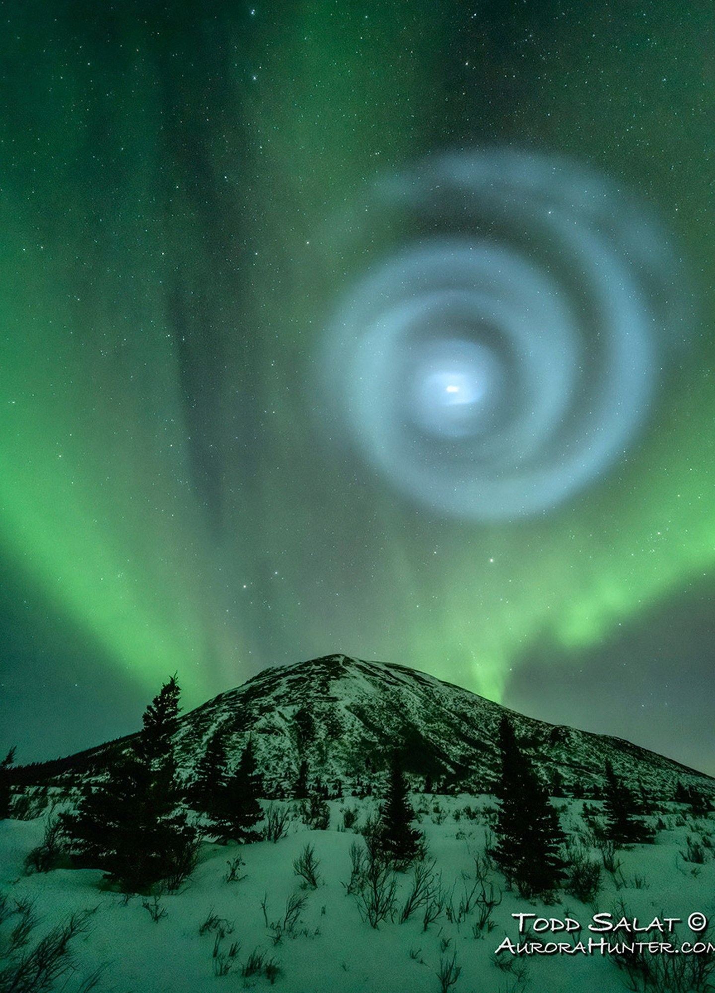 In this photo provided by Todd Salat, northern light enthusiasts got a surprise early April 15, 2023, when something odd was mixed in with the green bands of light dancing above the Donnelly Dome near Delta Junction, Alaska. A light baby blue spiral resembling a galaxy appeared amid the aurora for a few minutes. The spiral was formed when excess fuel that had been released from a SpaceX rocket that launched from California about three hours earlier turned to ice, and then the water vapor reflected the sunlight in the upper atmosphere. (Todd Salat via AP)