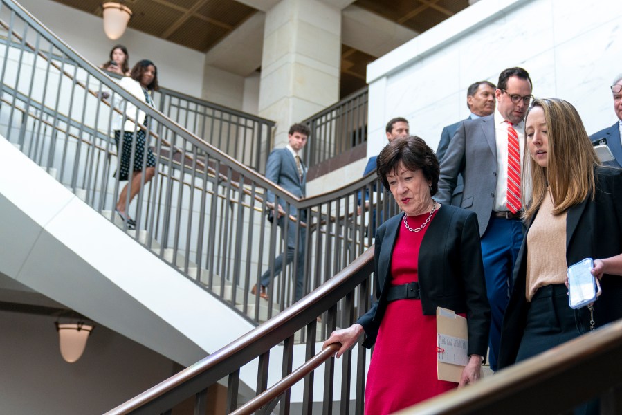 Sen. Susan Collins, R-Maine, left, arrives for a closed-door briefing about the leaked highly classified military documents, on Capitol Hill, Wednesday, April 19, 2023, in Washington. The Senate rejected a Republican effort on Wednesday, April 19, to reverse a Department of Veterans Affairs policy that has expanded some abortion services to veterans. The Senate voted 48-51 not to scrap the expanded abortion services, with Collins and Lisa Murkowski of Alaska voting with Democrats to preserve the rule. (AP Photo/Alex Brandon)