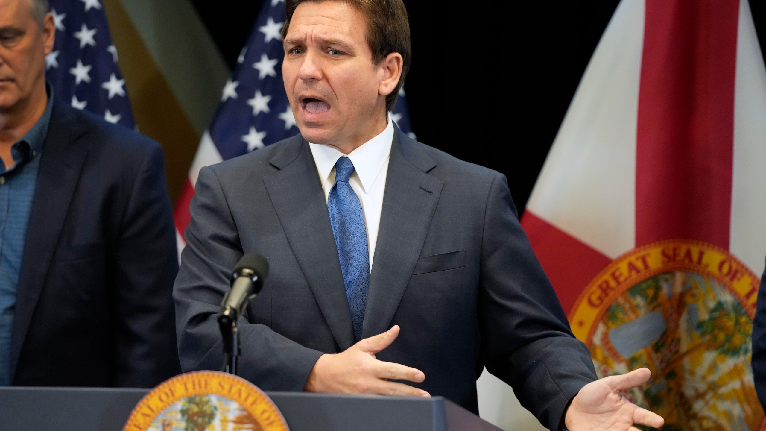 Florida Gov. Ron DeSantis speaks at a news conference at the Reedy Creek Administration Building, Monday, April 17, 2023, in Lake Buena Vista, Fla. (AP Photo/John Raoux)