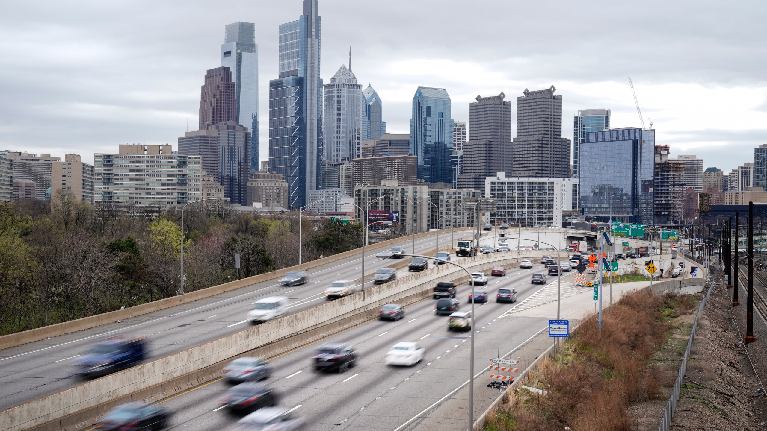 FILE - Traffic moves along the Interstate 76 highway on March 31, 2021, in Philadelphia. The number of people killed on U.S. roadways decreased slightly in 2022, but government officials said the 42,795 people who died is still a national crisis. (AP Photo/Matt Rourke, File)