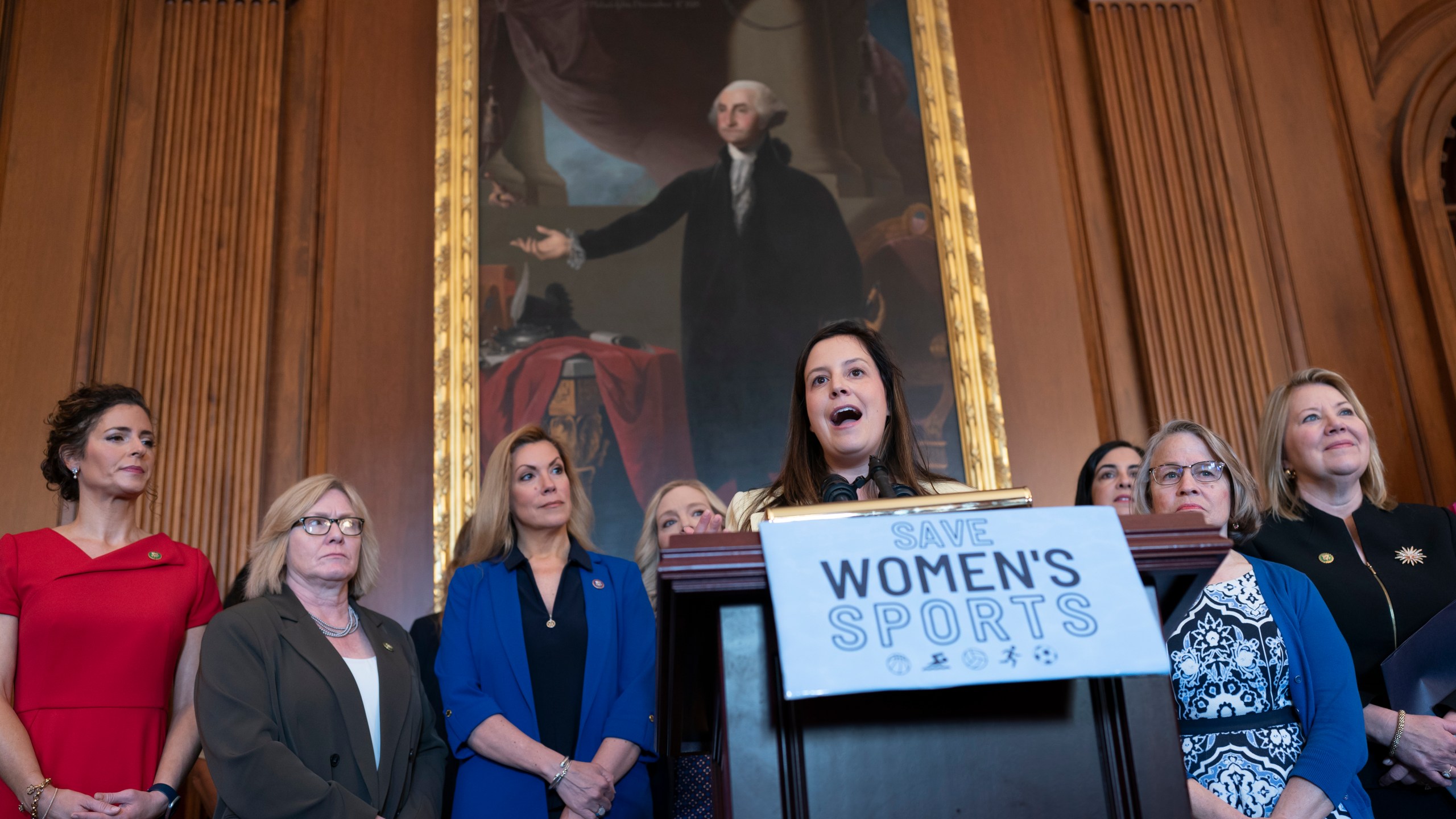 House Republican Conference Chair Elise Stefanik, R-N.Y., speaks as GOP women members hold an event before the vote to prohibit transgender women and girls from playing on sports teams that match their gender identity, at the Capitol in Washington, Thursday, April 20, 2023. The Republican-led House was expected to vote Thursday to bar schools and colleges that receive federal money from allowing transgender athletes whose biological sex assigned at birth was male from competing on girls or women's sports teams or athletic events. (AP Photo/J. Scott Applewhite)