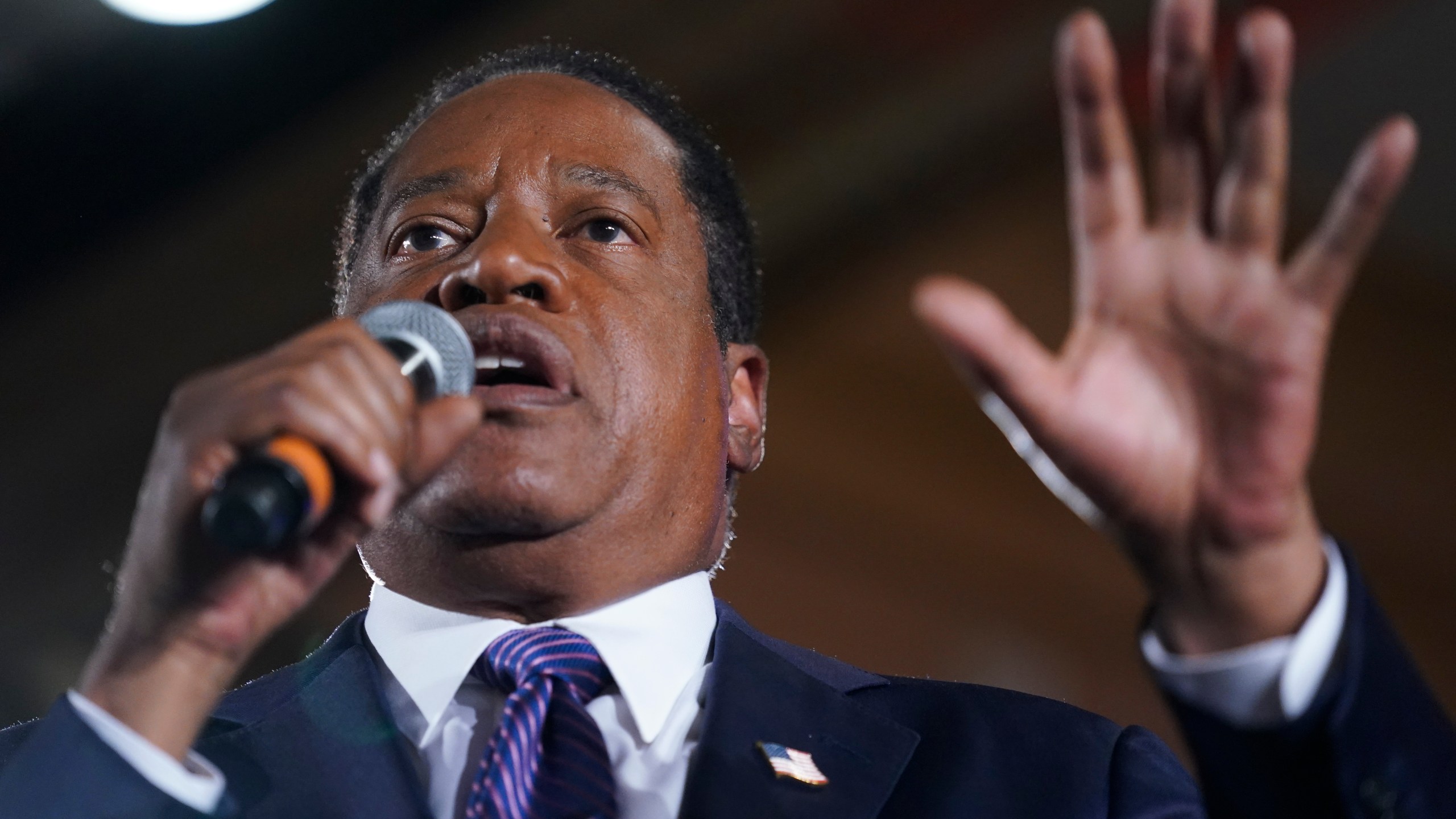 FILE - Republican conservative radio show host Larry Elder speaks to supporters after losing the California gubernatorial recall election on Sept. 14, 2021, in Costa Mesa, Calif. Conservative talk radio host Larry Elder, who sought to replace the California governor in a failed 2021 recall effort, announced Thursday, April 20, 2023 he is running for the Republican presidential nomination in 2024. (AP Photo/Ashley Landis, File)