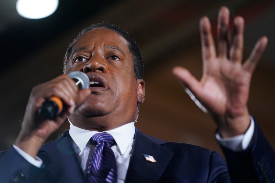 FILE - Republican conservative radio show host Larry Elder speaks to supporters after losing the California gubernatorial recall election on Sept. 14, 2021, in Costa Mesa, Calif. Conservative talk radio host Larry Elder, who sought to replace the California governor in a failed 2021 recall effort, announced Thursday, April 20, 2023 he is running for the Republican presidential nomination in 2024. (AP Photo/Ashley Landis, File)