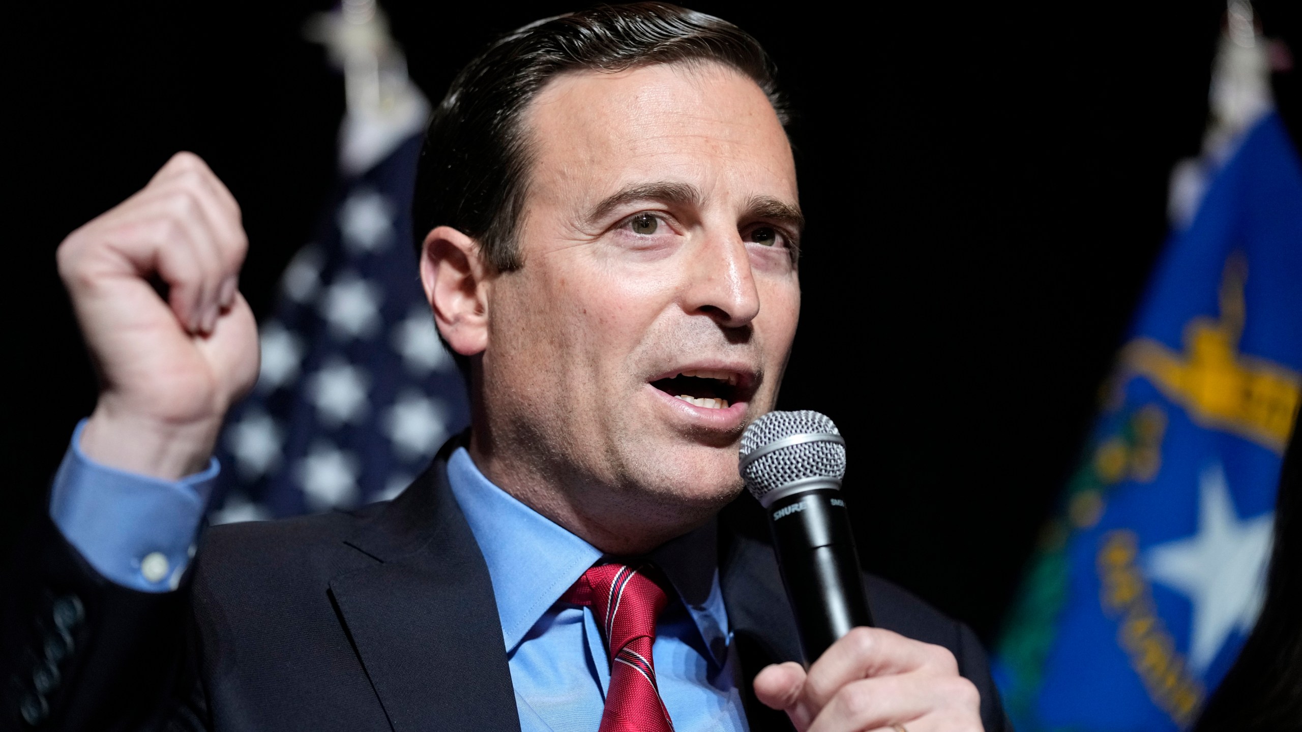 FILE - Nevada Republican Senate candidate Adam Laxalt speaksto supporters during an election night campaign event on Nov. 8, 2022, in Las Vegas. Former Nevada Attorney General Adam Laxalt will help lead a political action committee that is encouraging Florida Gov. Ron DeSantis to run for president. (AP Photo/John Locher, File)