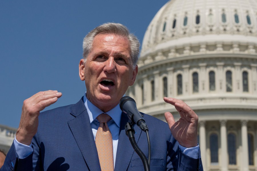 FILE - Speaker of the House Kevin McCarthy, R-Calif., speaks at the Capitol in Washington, Thursday, April 20, 2023. The Democratic president and Republican congressional leader have each tried to assure the public in recent weeks that they don't want the government of the world's largest economy to default. But President Joe Biden has resisted McCarthy's calls for negotiations, while McCarthy is pushing a plan that can't pass the Democratic-majority Senate. (AP Photo/J. Scott Applewhite, File)