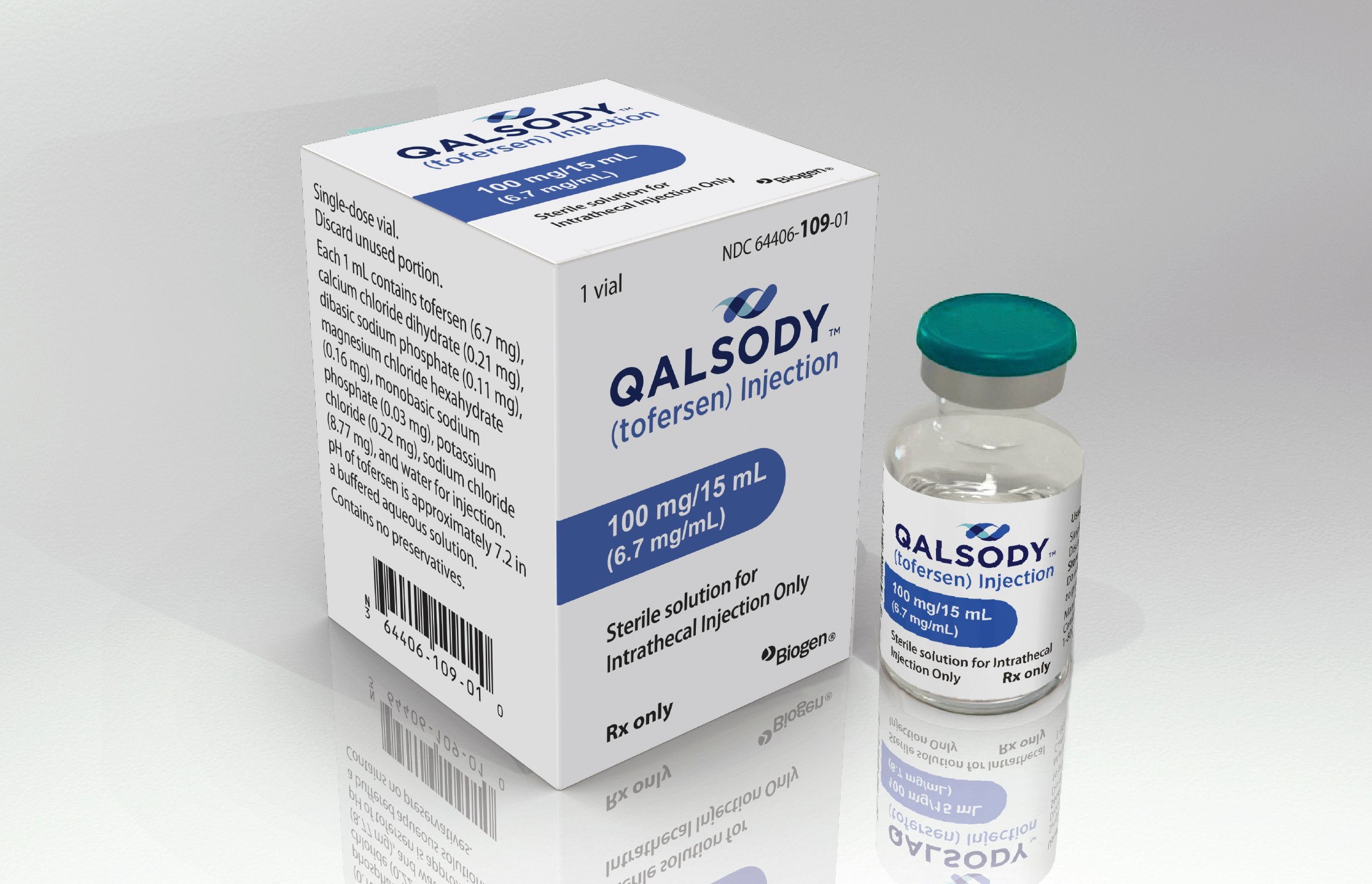 This image provided by Biogen in April 2023 shows the company's drug Qalsody. On Tuesday, April 25, 2023, the FDA approved the first-of-a-kind drug for a rare form of Lou Gehrig’s disease, though they are requiring further research to confirm it truly helps patients. (Biogen via AP)