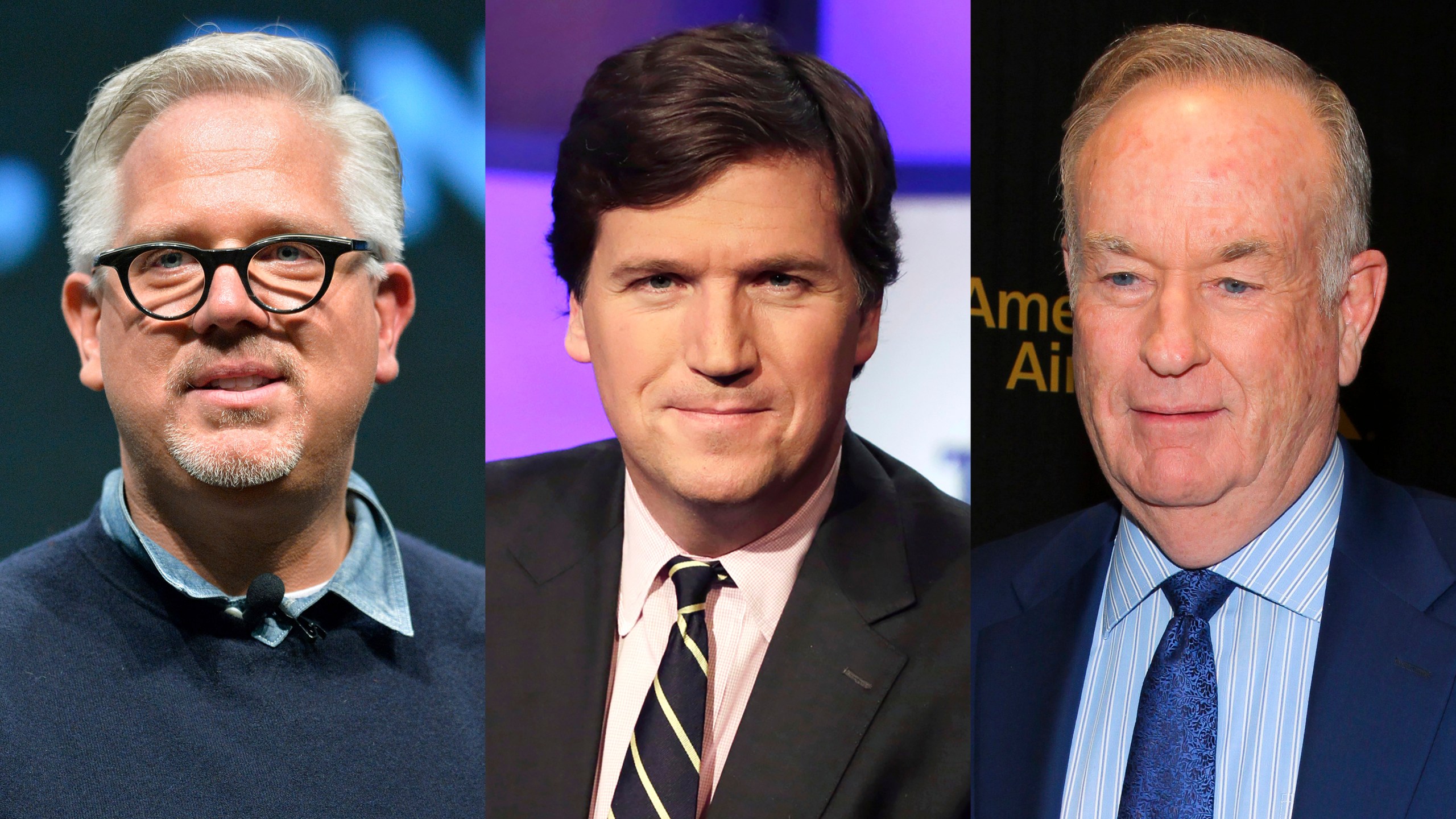 This combination of photos shows former Fox News personalities Glenn Beck, left, Tucker Carlson, center, and Bill O'Reilly. (AP Photo)