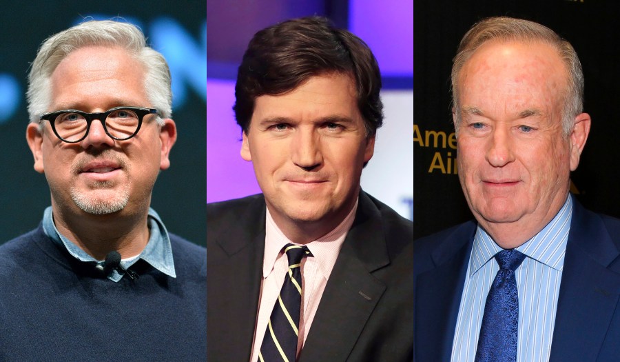 This combination of photos shows former Fox News personalities Glenn Beck, left, Tucker Carlson, center, and Bill O'Reilly. (AP Photo)