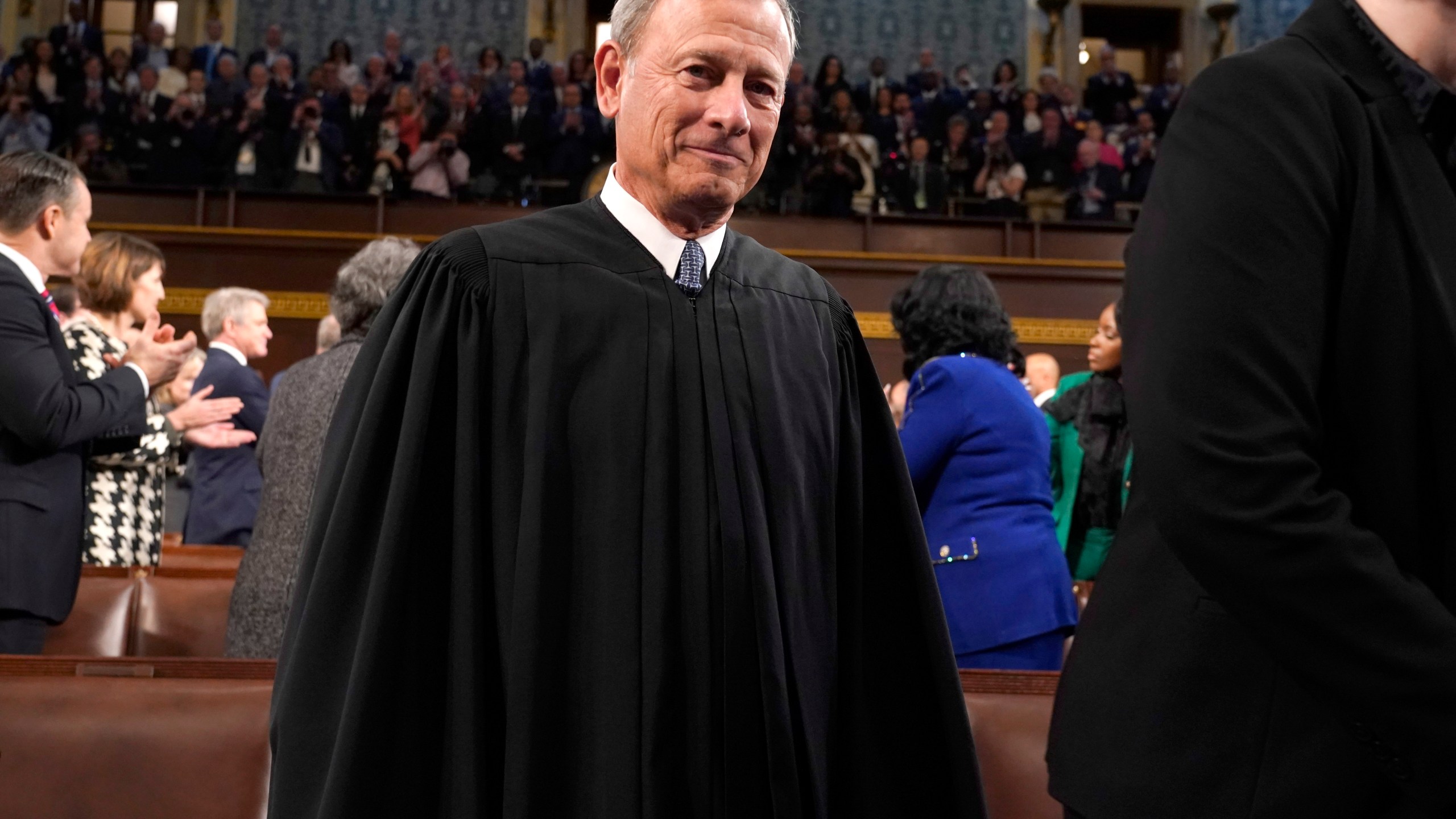 FILE - Chief Justice of the United States John Roberts arrives before President Joe Biden delivers the State of the Union address to a joint session of Congress at the Capitol, Feb. 7, 2023, in Washington. Roberts has declined a request from the Senate Judiciary Committee to testify at a hearing on ethical standards at the court, instead providing the panel with a statement of ethics reaffirmed by the court's justices. (AP Photo/Jacquelyn Martin, Pool)