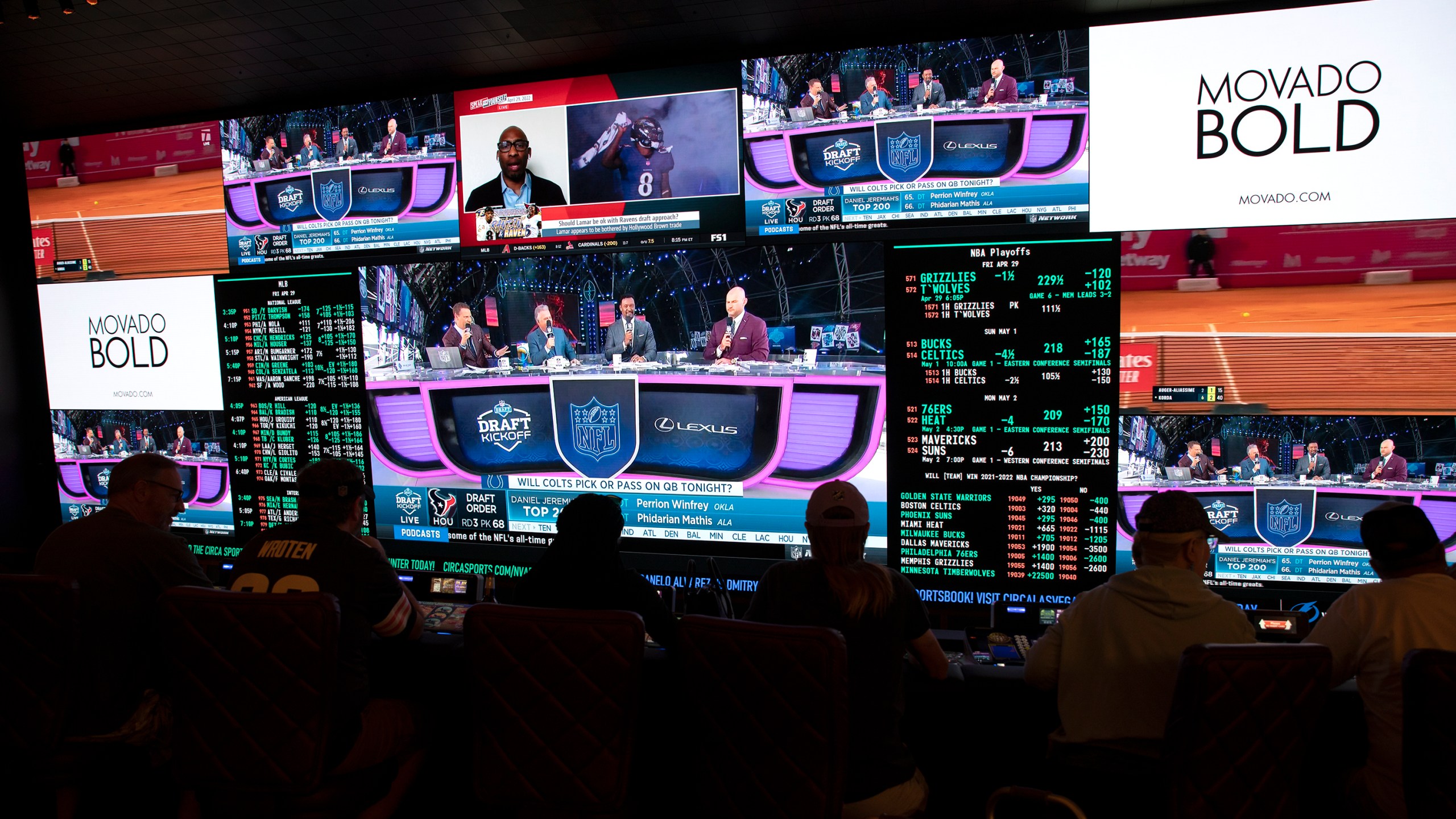 FILE - NFL football draft coverage plays in the sportsbook at Circa, Friday, April 29, 2022, in Las Vegas. The Supreme Court’s 2018 ruling in Murphy vs. NCAA ushered in a new era of legalized sports betting in the U.S., allowing states to establish their own sports wagering laws. (Ellen Schmidt/Las Vegas Review-Journal via AP, File)