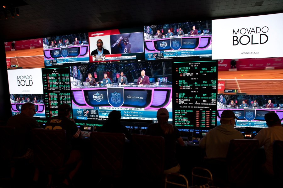 FILE - NFL football draft coverage plays in the sportsbook at Circa, Friday, April 29, 2022, in Las Vegas. The Supreme Court’s 2018 ruling in Murphy vs. NCAA ushered in a new era of legalized sports betting in the U.S., allowing states to establish their own sports wagering laws. (Ellen Schmidt/Las Vegas Review-Journal via AP, File)