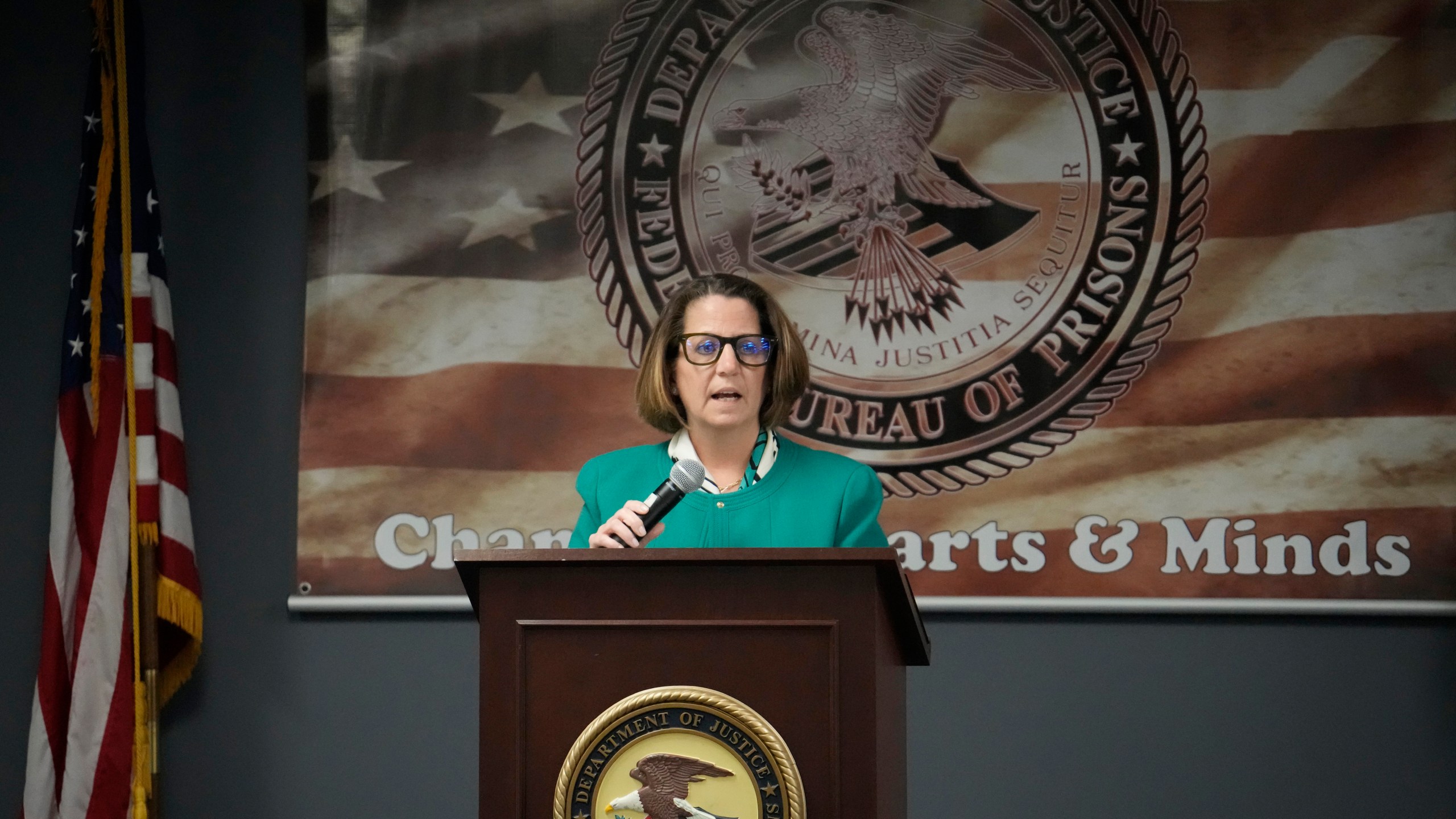 Deputy Attorney General Lisa Monaco speaks during a Federal Bureau of Prisons meeting Tuesday, April 25, 2023, in Aurora, Colo. Sexual abuse in the nation’s federal prisons must be rooted out, the Justice Department's second-highest-ranking leader told prison wardens gathered for their first nationwide training since revelations that a toxic, permissive culture at a California prison allowed abuse to run rampant. (AP Photo/David Zalubowski)