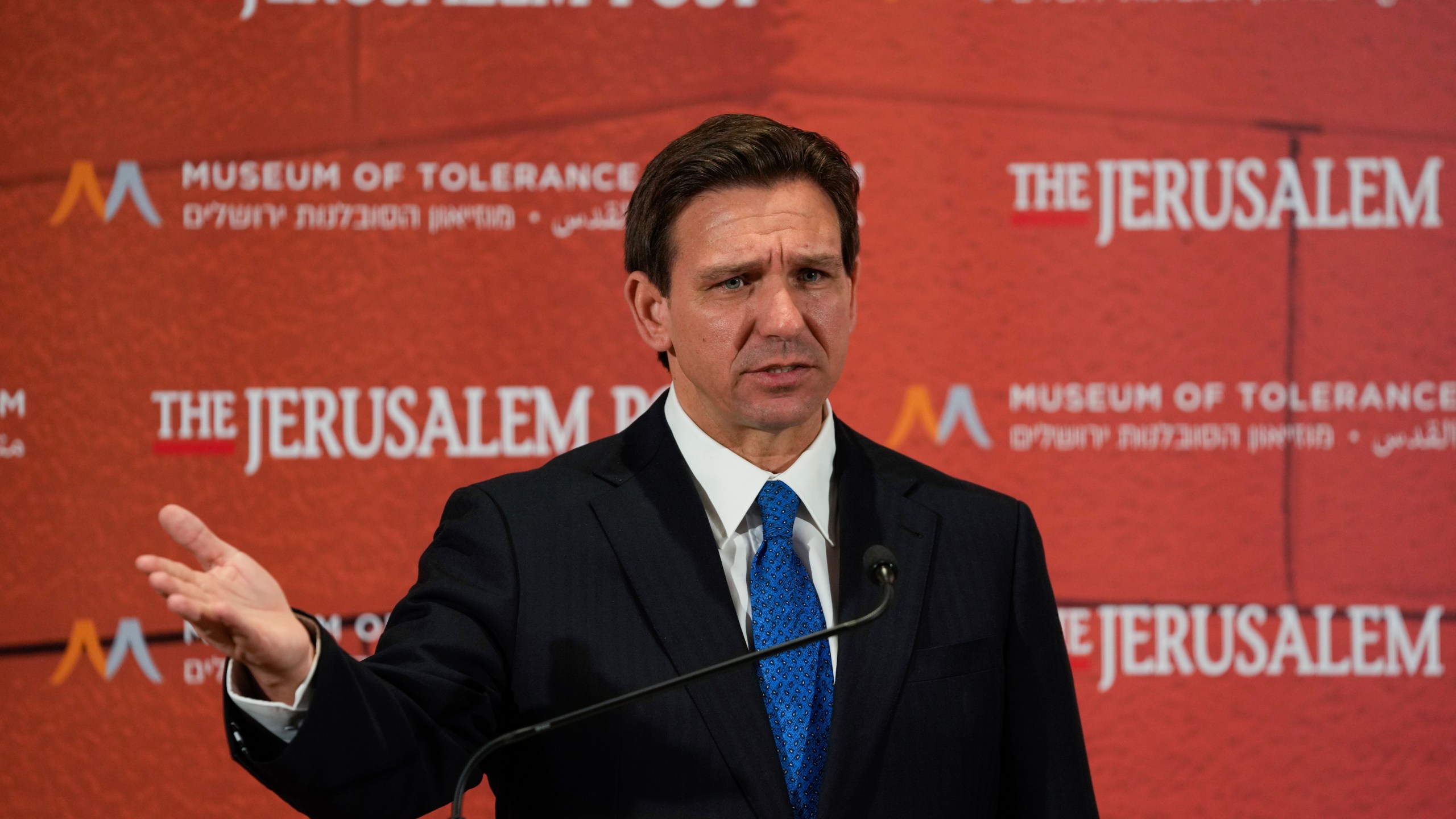 Florida Gov. Ron DeSantis talks to the media at a conference titled "Celebrate the Faces of Israel" at Jerusalem's Museum of Tolerance, Thursday, April 27, 2023. (AP Photo/Maya Alleruzzo)