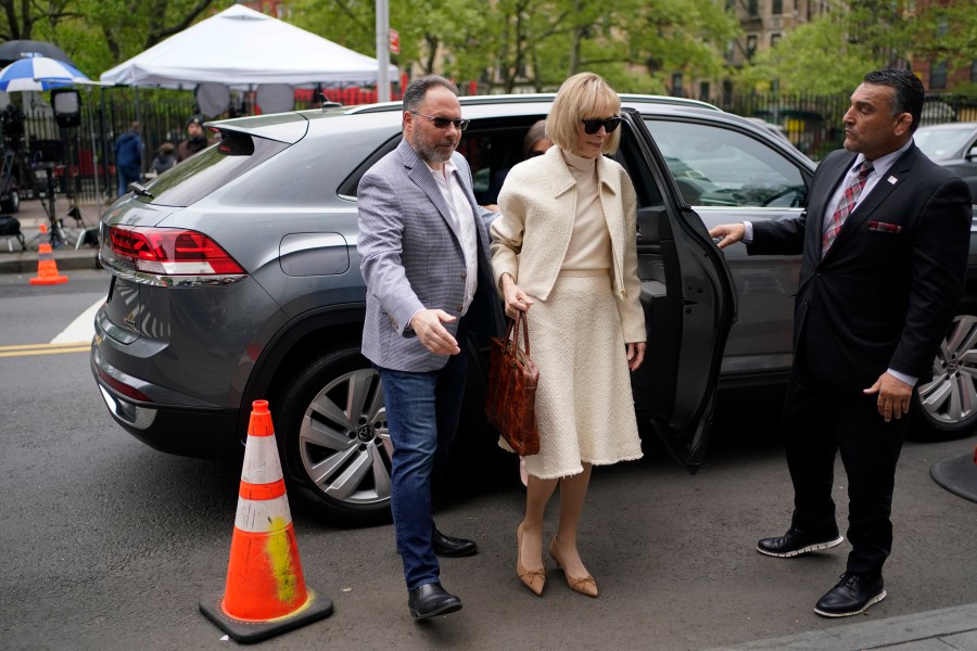 E. Jean Carroll arrives to federal court in New York, Thursday, April 27, 2023. Carroll began testifying Wednesday in the trial of her federal lawsuit. The writer has told a jury that Donald Trump raped her after she accompanied him into a luxury department store fitting room in 1996. (AP Photo/Seth Wenig)