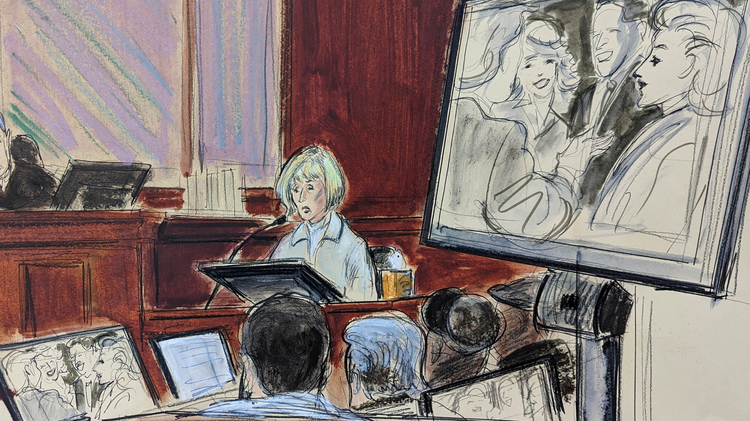 In this courtroom sketch, in Federal Court, in New York, Thursday, April 27, 2023, E. Jean Carroll, center, testifies on the witness stand as a photo of her and Donald Trump, along with his wife Ivana and Carroll's former husband, is shown on a screen. The photo was taken prior to the alleged assault. The jury is in the foreground. (AP Photo/Elizabeth Williams)