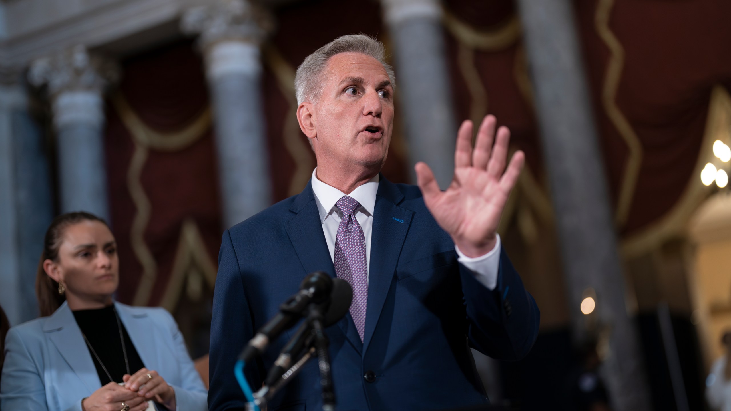 Speaker of the House Kevin McCarthy, R-Calif., talks to reporters just after the Republican majority in the House narrowly passed a sweeping debt ceiling package as they try to push President Joe Biden into negotiations on federal spending, at the Capitol in Washington, Wednesday, April 26, 2023. (AP Photo/J. Scott Applewhite)