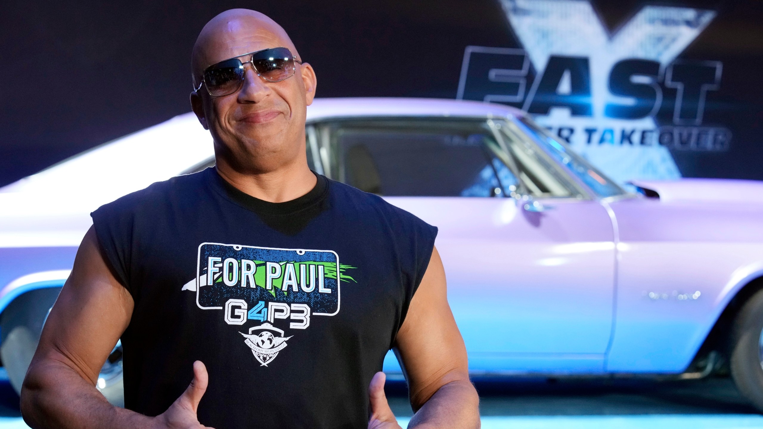 Vin Diesel, a cast member in the upcoming film "Fast X," poses at the trailer launch for the film, Thursday, Feb. 9, 2023, at L.A. Live in Los Angeles. (AP Photo/Chris Pizzello)