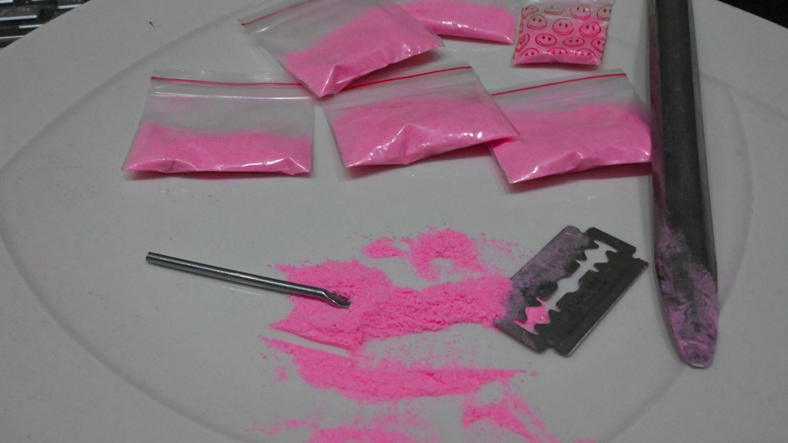 Bags containing a powder known as Tusi or pink cocaine are pictured in Medellin, Colombia, on April 2, 2022