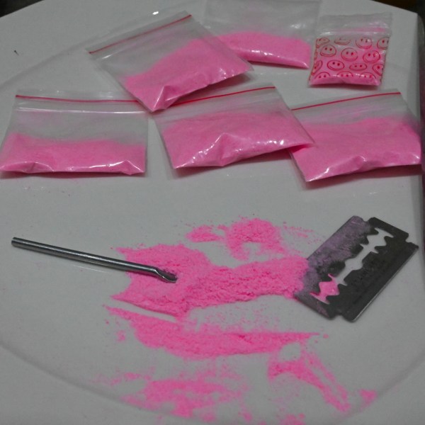 Bags containing a powder known as Tusi or pink cocaine are pictured in Medellin, Colombia, on April 2, 2022