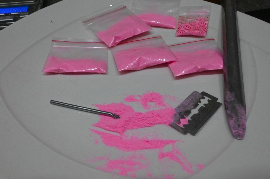 Bags containing a powder known as Tusi or pink cocaine are pictured in Medellin, Colombia, on April 2, 2022