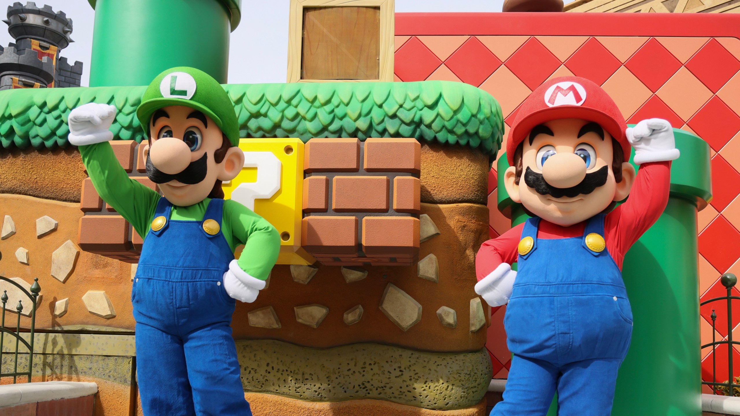 UNIVERSAL CITY, CALIFORNIA - FEBRUARY 16: Super Mario Bros Luigi and Mario pose at the "SUPER NINTENDO WORLD" welcome celebration at Universal Studios Hollywood on February 16, 2023 in Universal City, California. (Photo by Rodin Eckenroth/Getty Images)